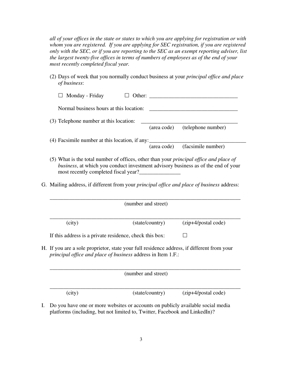 Form ADV (SEC Form 1707) Part 1A Uniform Application for Investment Adviser Registration and Report by Exempt Reporting Advisers, Page 3