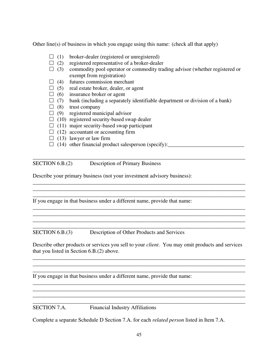 Form ADV (SEC Form 1707) Part 1A Uniform Application for Investment Adviser Registration and Report by Exempt Reporting Advisers, Page 45
