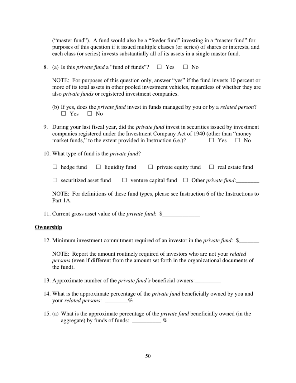 Form ADV (SEC Form 1707) Part 1A Uniform Application for Investment Adviser Registration and Report by Exempt Reporting Advisers, Page 50