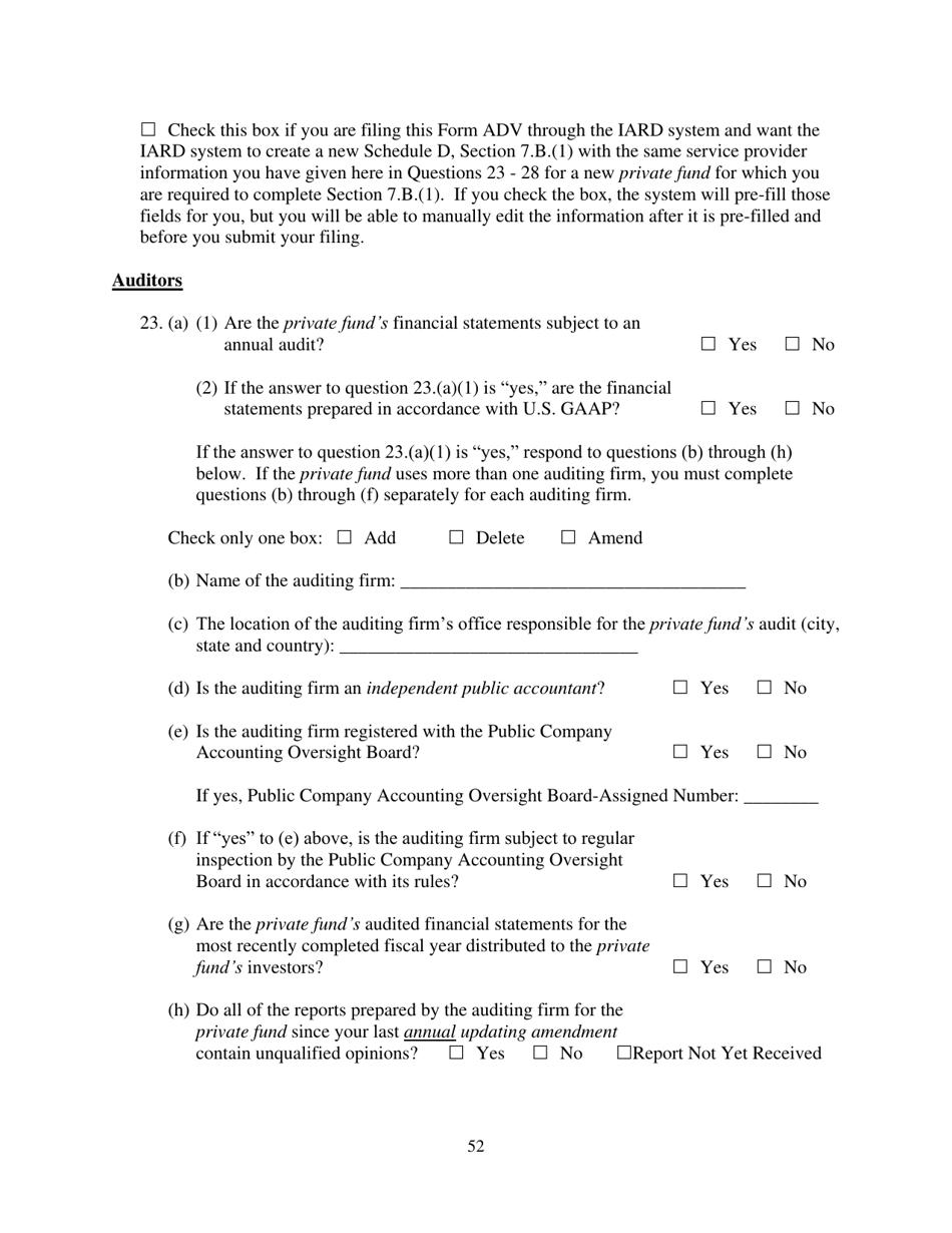 Form ADV (SEC Form 1707) Part 1A Uniform Application for Investment Adviser Registration and Report by Exempt Reporting Advisers, Page 52