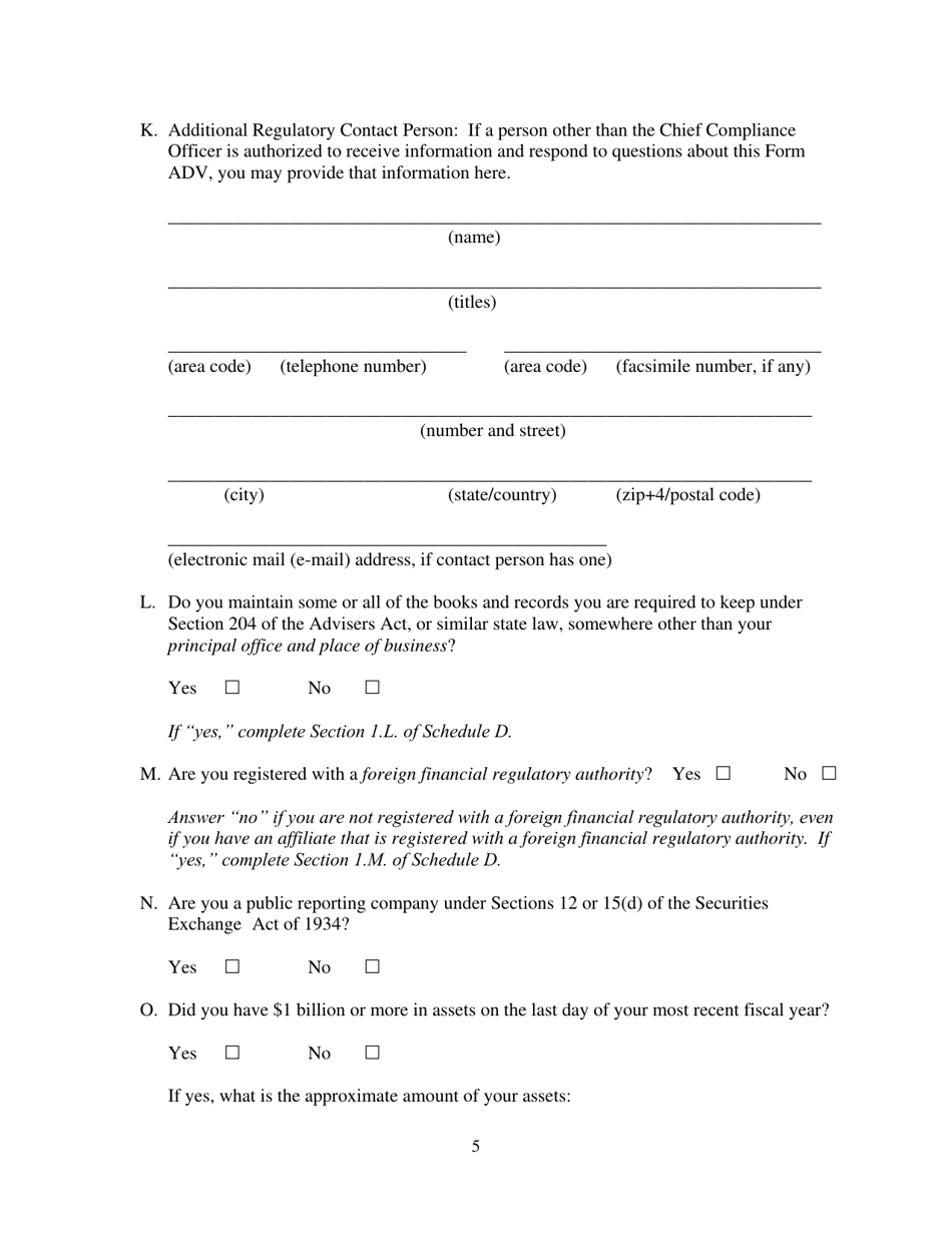 Form ADV (SEC Form 1707) Part 1A Uniform Application for Investment Adviser Registration and Report by Exempt Reporting Advisers, Page 5