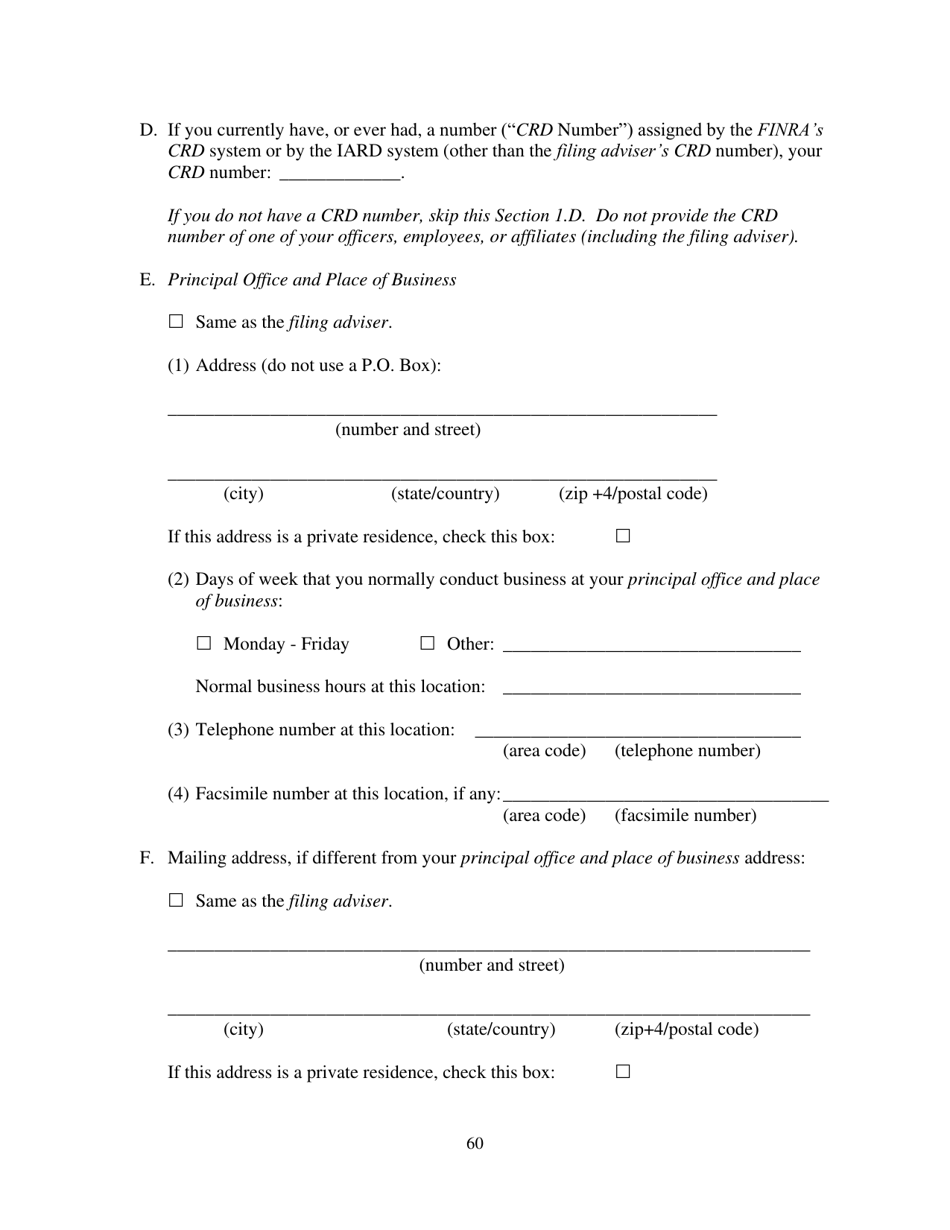 Form ADV (SEC Form 1707) Part 1A Uniform Application for Investment Adviser Registration and Report by Exempt Reporting Advisers, Page 60