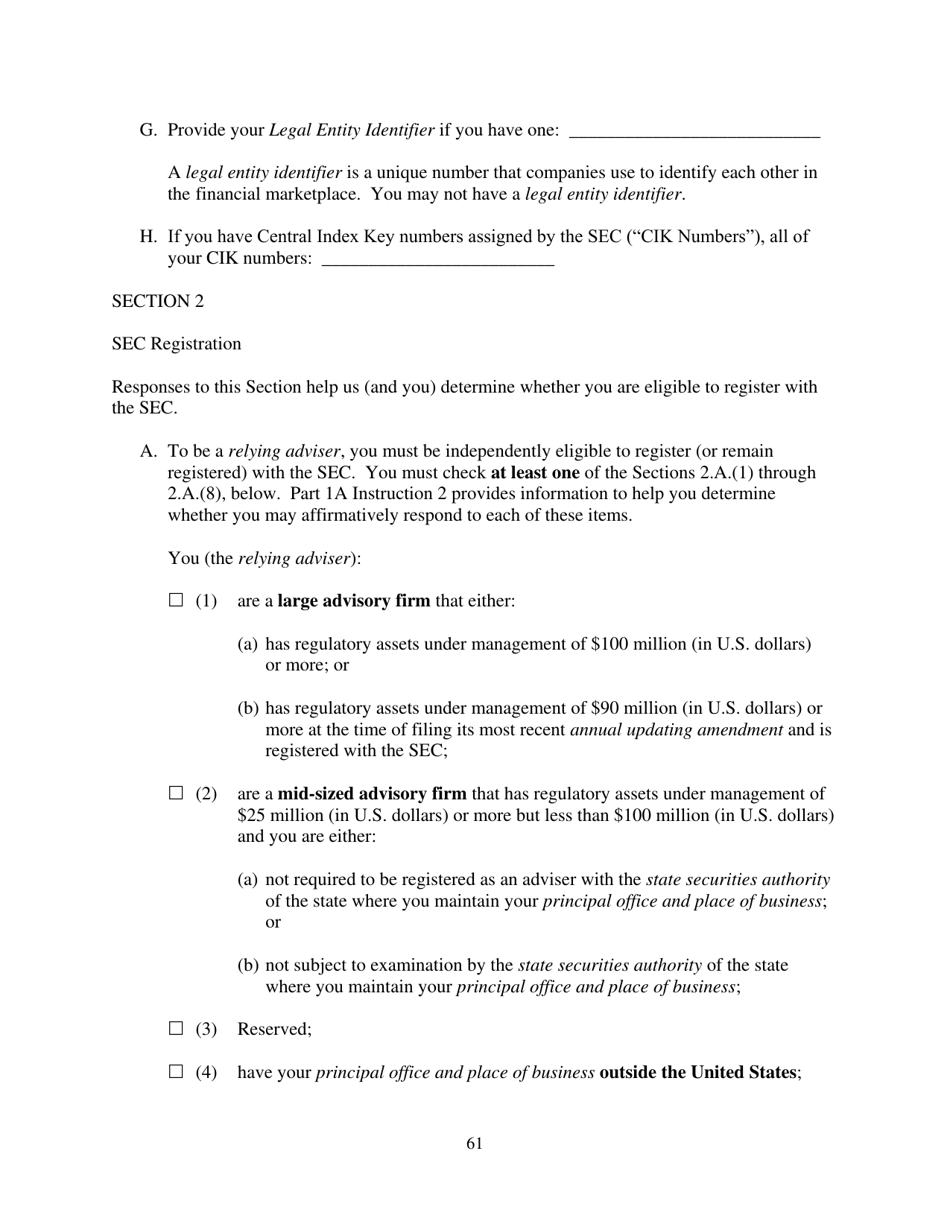 Form ADV (SEC Form 1707) Part 1A Uniform Application for Investment Adviser Registration and Report by Exempt Reporting Advisers, Page 61