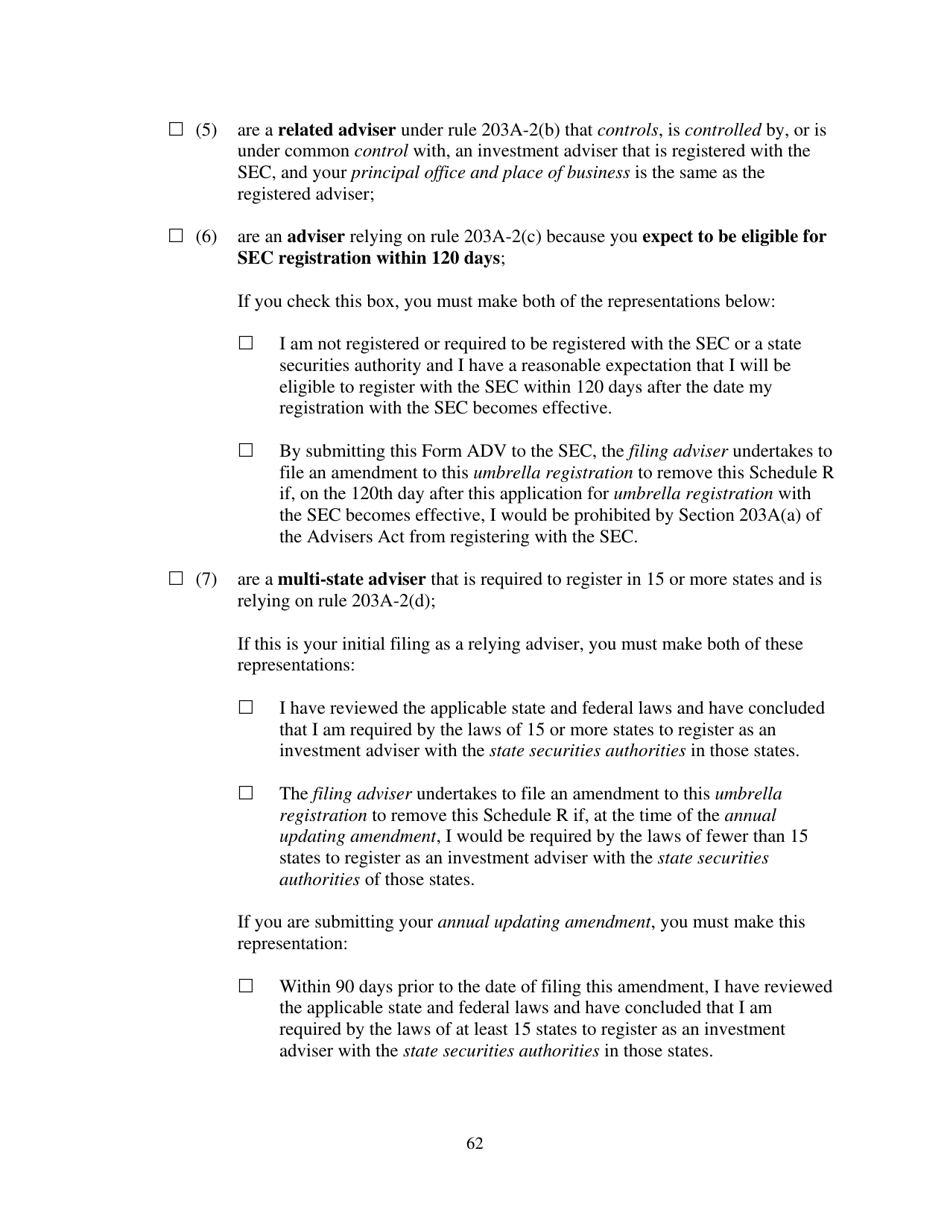 Form ADV (SEC Form 1707) Part 1A Uniform Application for Investment Adviser Registration and Report by Exempt Reporting Advisers, Page 62