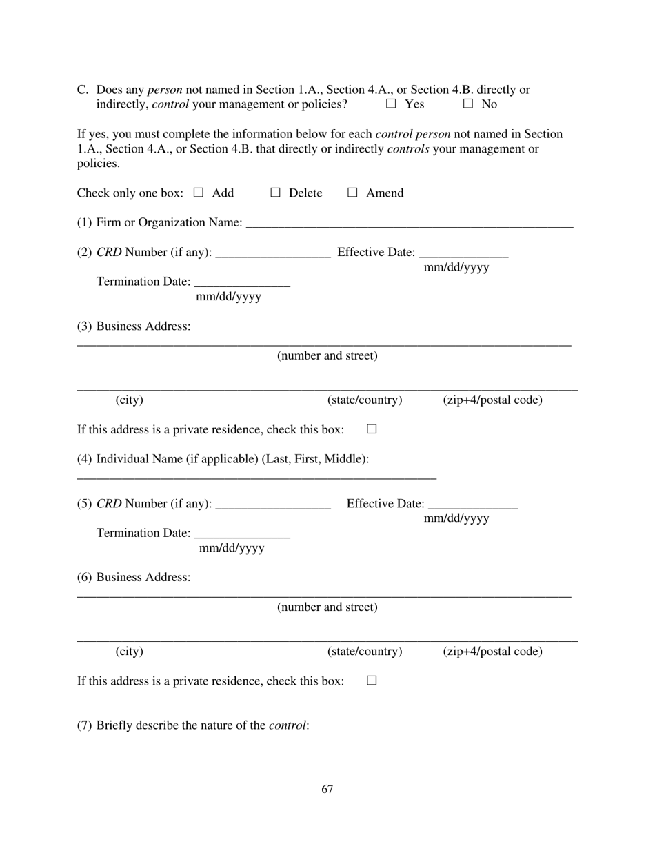 Form ADV (SEC Form 1707) Part 1A Uniform Application for Investment Adviser Registration and Report by Exempt Reporting Advisers, Page 67