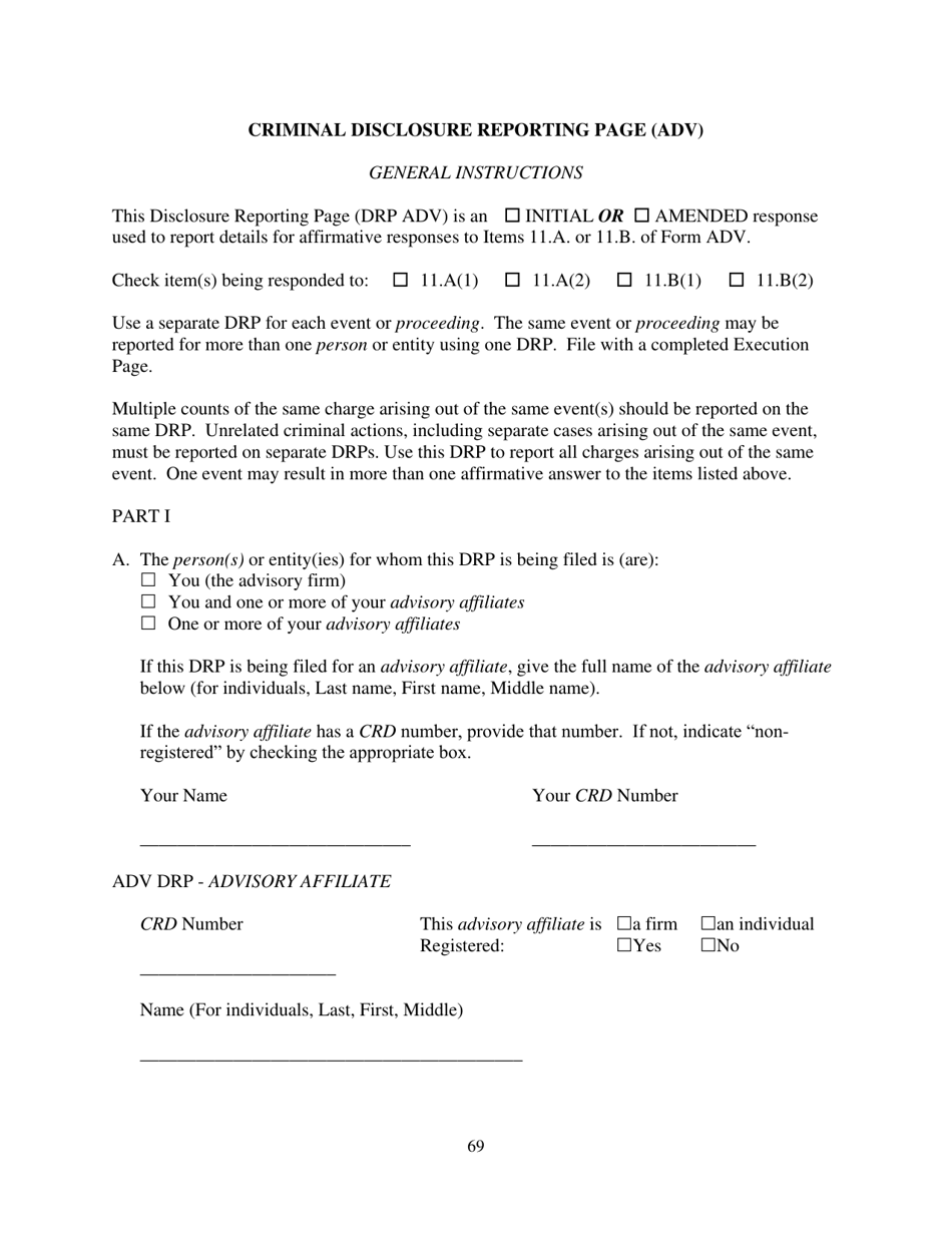 Form ADV (SEC Form 1707) Part 1A Uniform Application for Investment Adviser Registration and Report by Exempt Reporting Advisers, Page 69