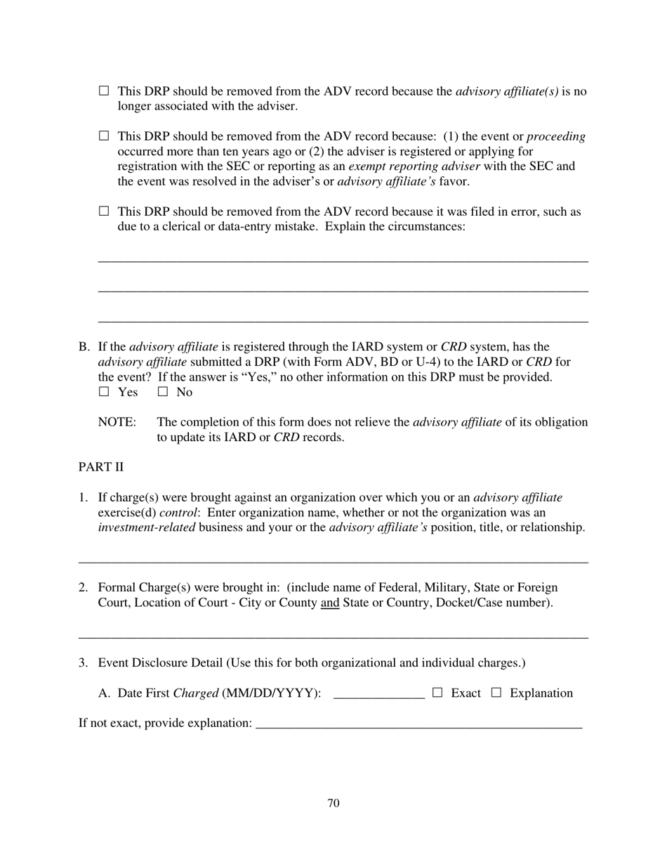 Form ADV (SEC Form 1707) Part 1A Uniform Application for Investment Adviser Registration and Report by Exempt Reporting Advisers, Page 70