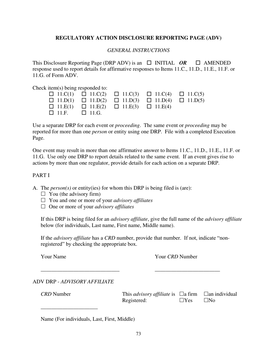 Form ADV (SEC Form 1707) Part 1A Uniform Application for Investment Adviser Registration and Report by Exempt Reporting Advisers, Page 73