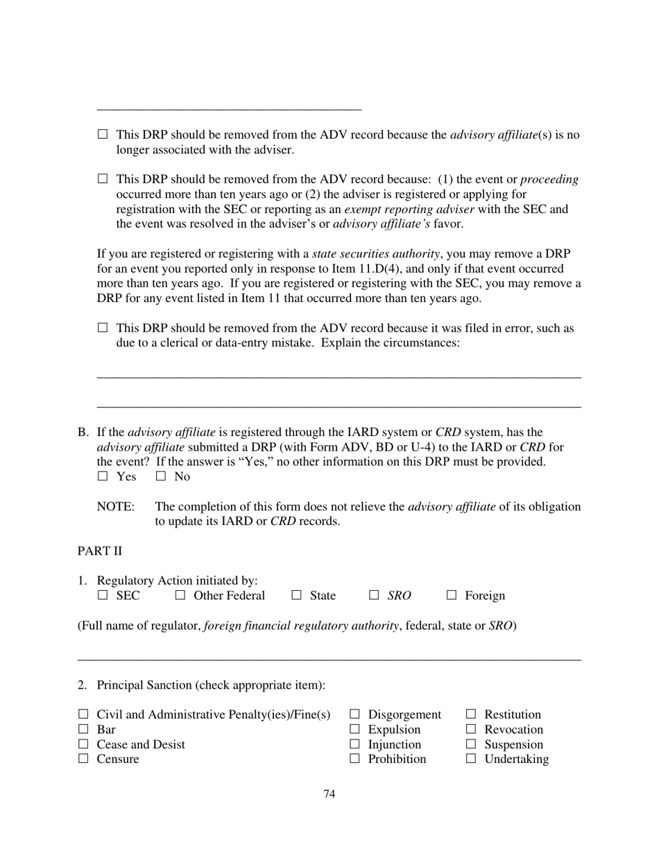 Form ADV (SEC Form 1707) Part 1A Uniform Application for Investment Adviser Registration and Report by Exempt Reporting Advisers, Page 74