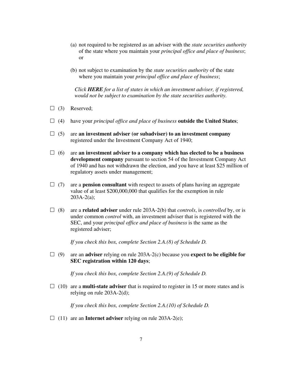 Form ADV (SEC Form 1707) Part 1A Uniform Application for Investment Adviser Registration and Report by Exempt Reporting Advisers, Page 7