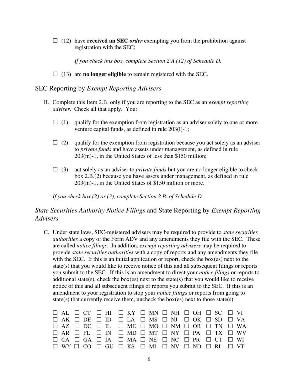 Form ADV (SEC Form 1707) Part 1A Uniform Application for Investment Adviser Registration and Report by Exempt Reporting Advisers, Page 8