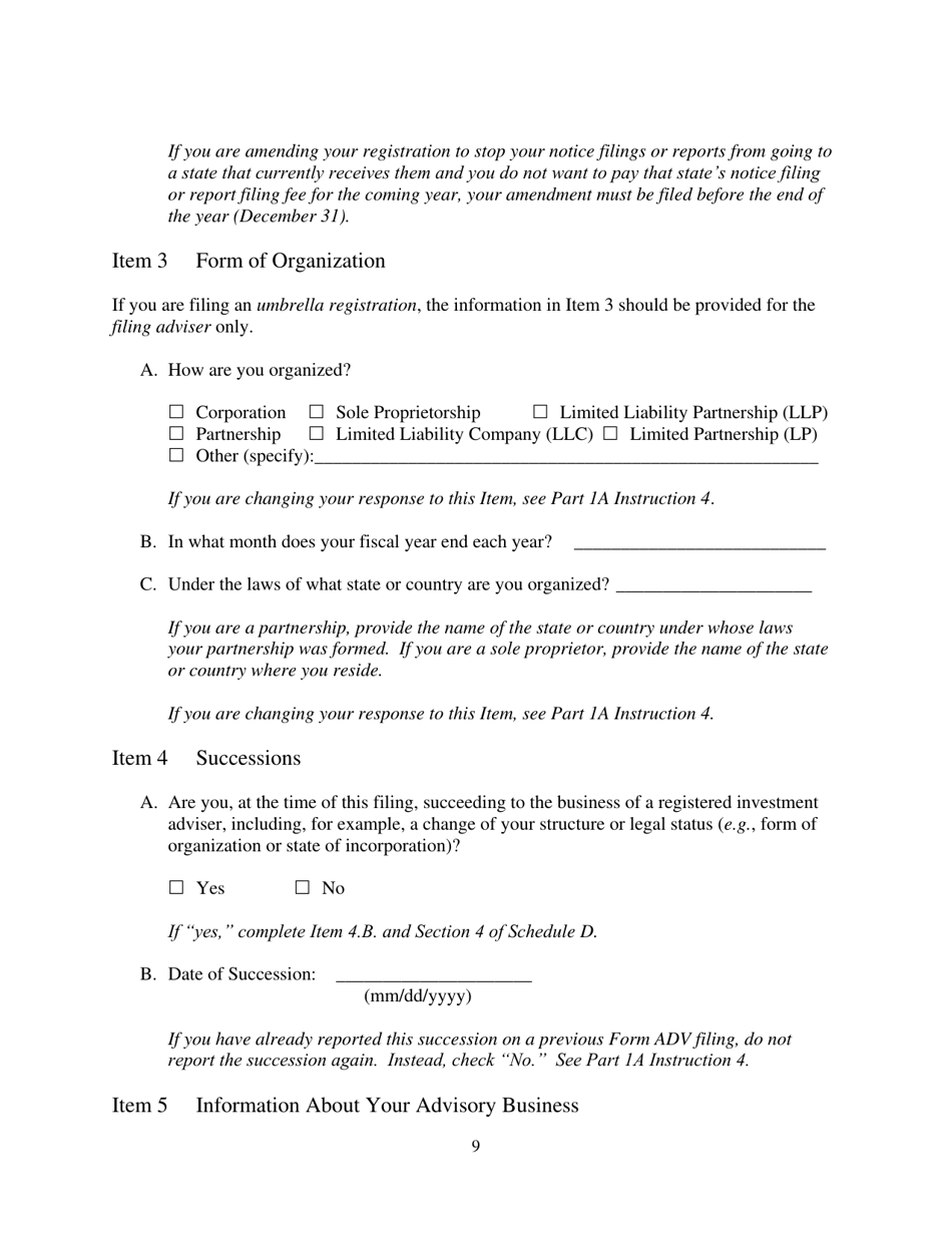 Form ADV (SEC Form 1707) Part 1A Uniform Application for Investment Adviser Registration and Report by Exempt Reporting Advisers, Page 9
