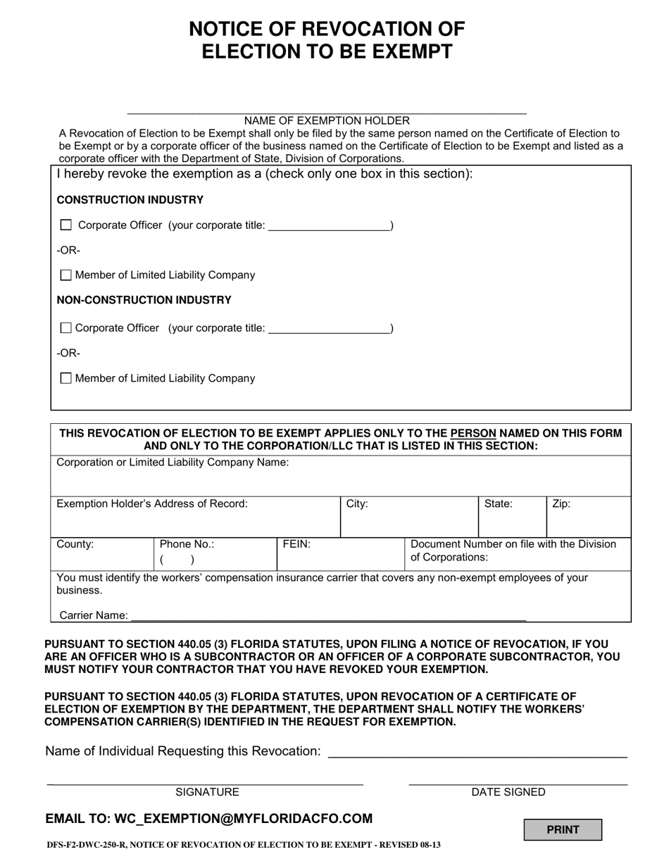 Form DFS-F2-DWC-250-R Notice of Revocation of Election to Be Exempt - Florida, Page 1