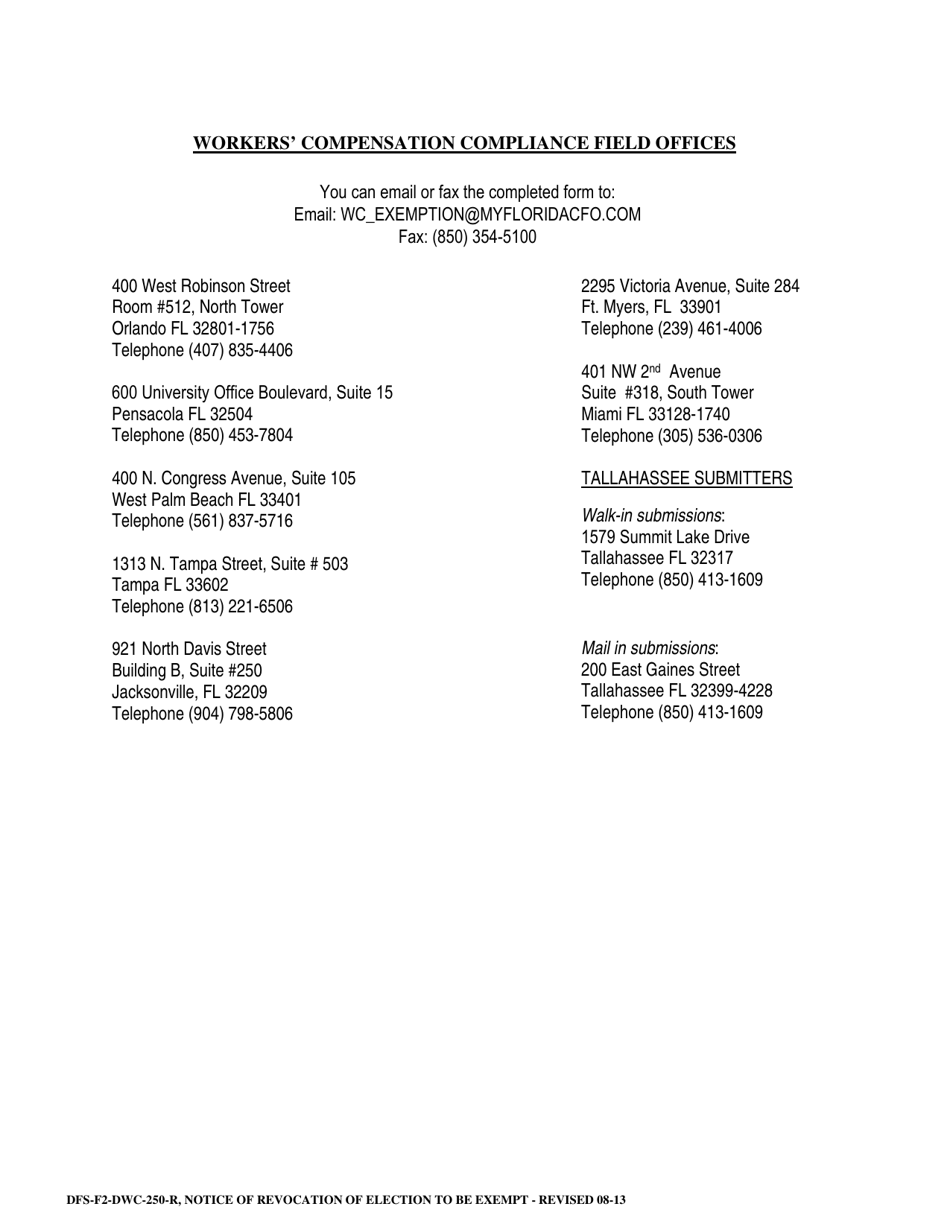 Form DFS-F2-DWC-250-R Notice of Revocation of Election to Be Exempt - Florida, Page 2