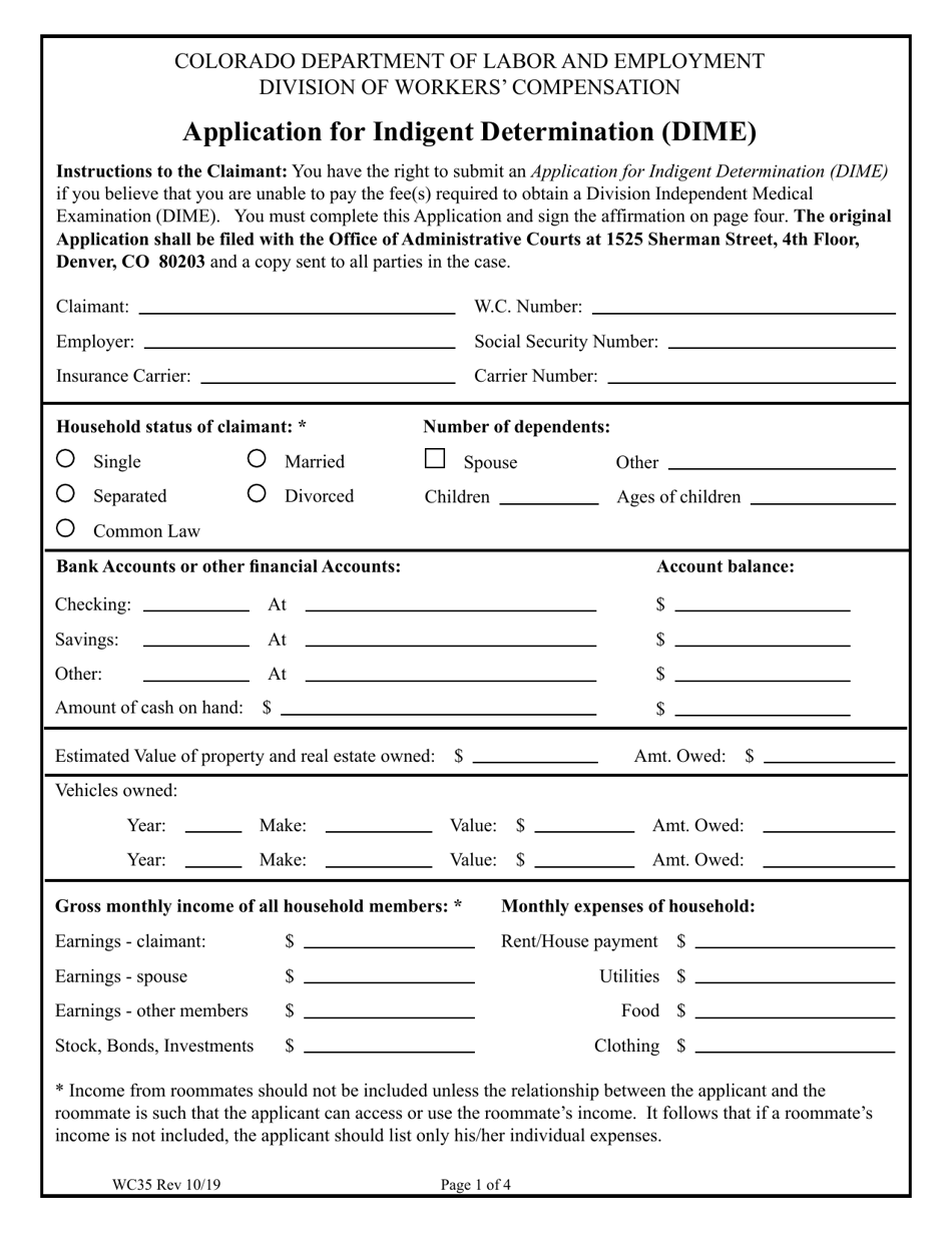 Form WC35 Application for Indigent Determination (Dime) - Colorado, Page 1