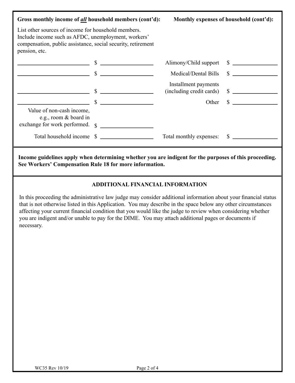 Form WC35 Application for Indigent Determination (Dime) - Colorado, Page 2