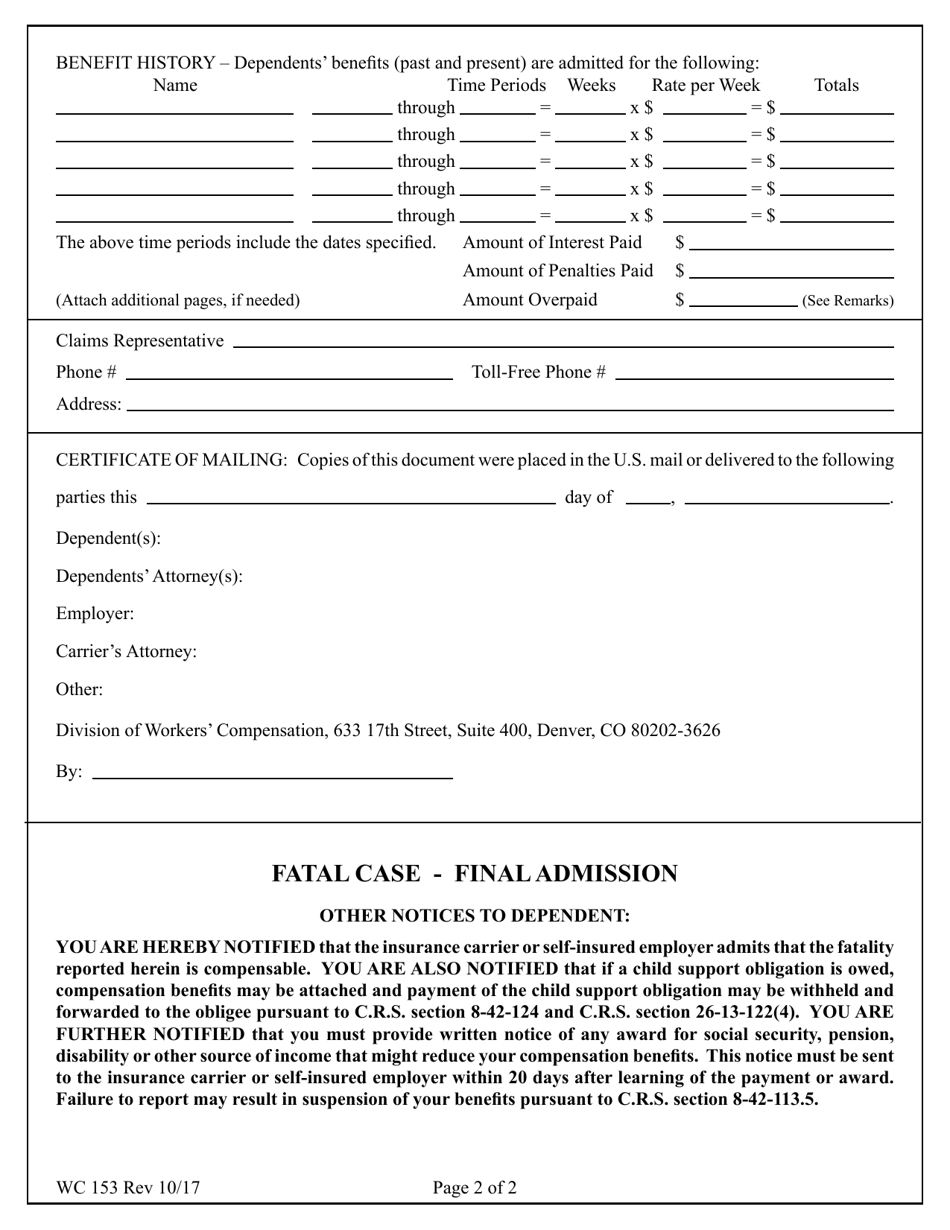 Form WC153 Fatal Case - Final Admission - Colorado, Page 2