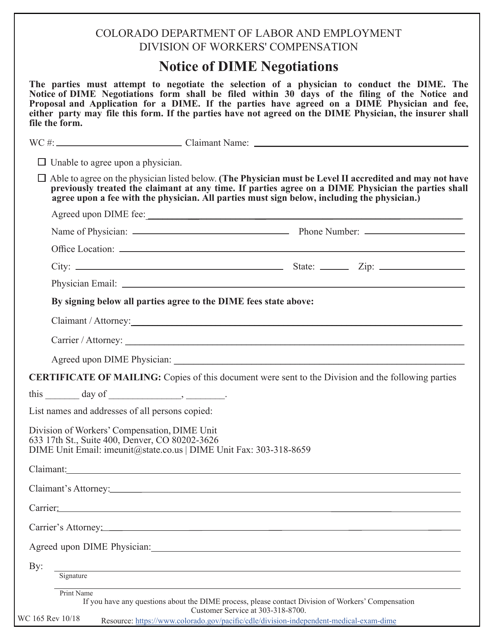 Form WC165 Notice of Dime Negotiations - Colorado