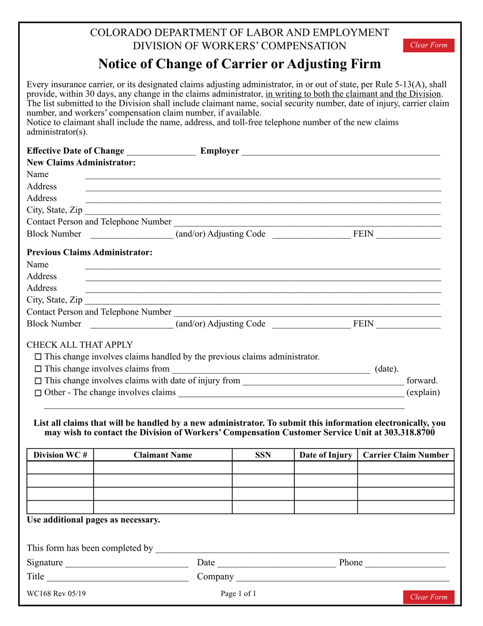 Form WC168 Notice of Change of Carrier or Adjusting Firm - Colorado, Page 1