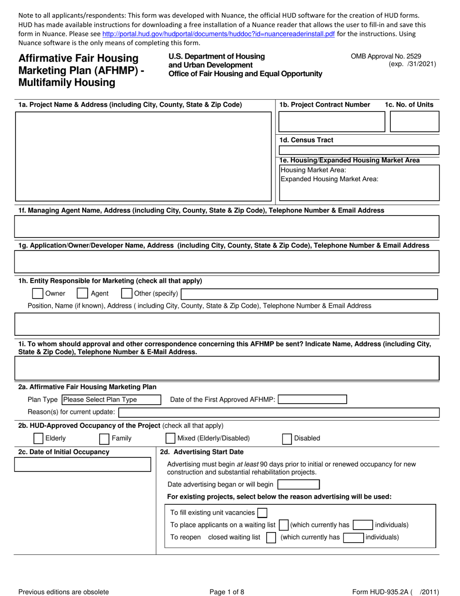 Form HUD-935.2A Affirmative Fair Housing Marketing Plan (Afhmp) - Multifamily Housing, Page 1