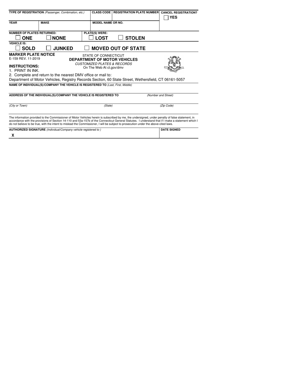 Form E-159 Lost or Stolen Marker Plates - Connecticut, Page 1