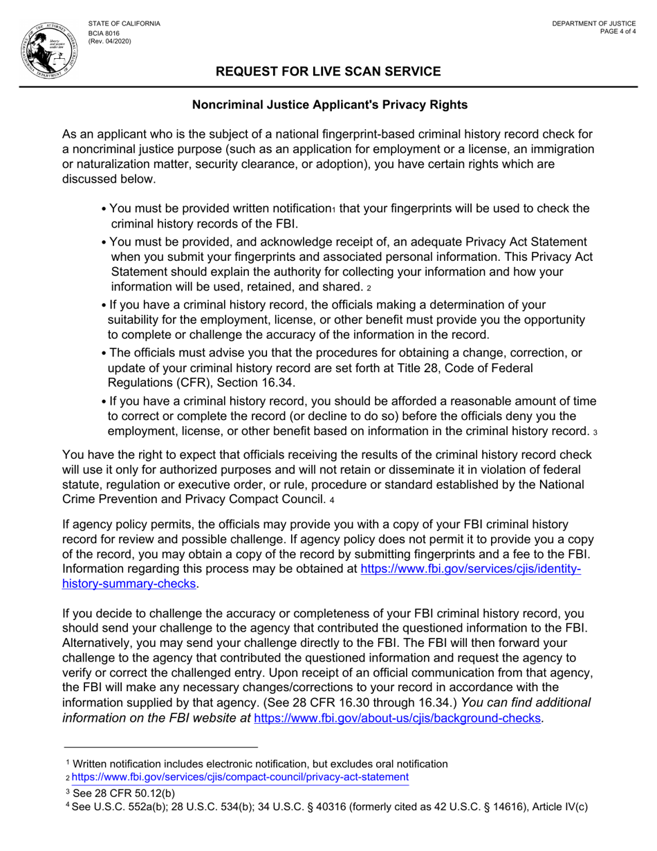 Form BCIA8016 Request for Live Scan Service - California, Page 4