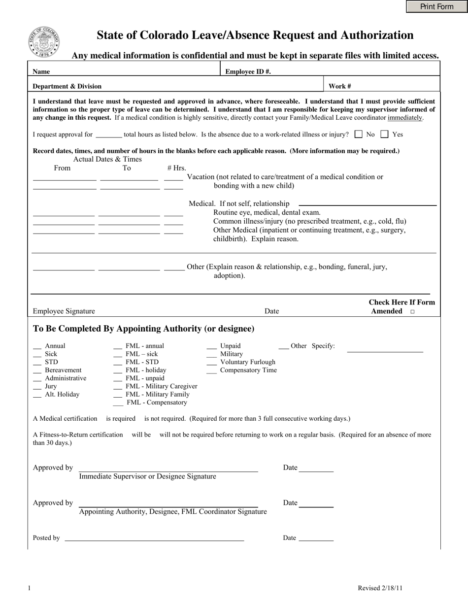 State of Colorado Leave / Absence Request and Authorization - Colorado, Page 1