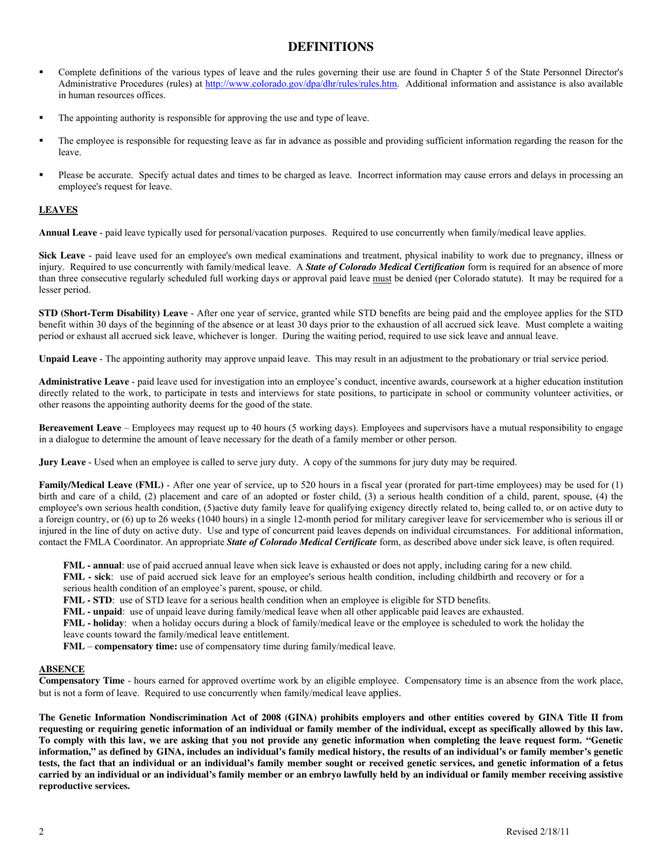 State of Colorado Leave / Absence Request and Authorization - Colorado, Page 2