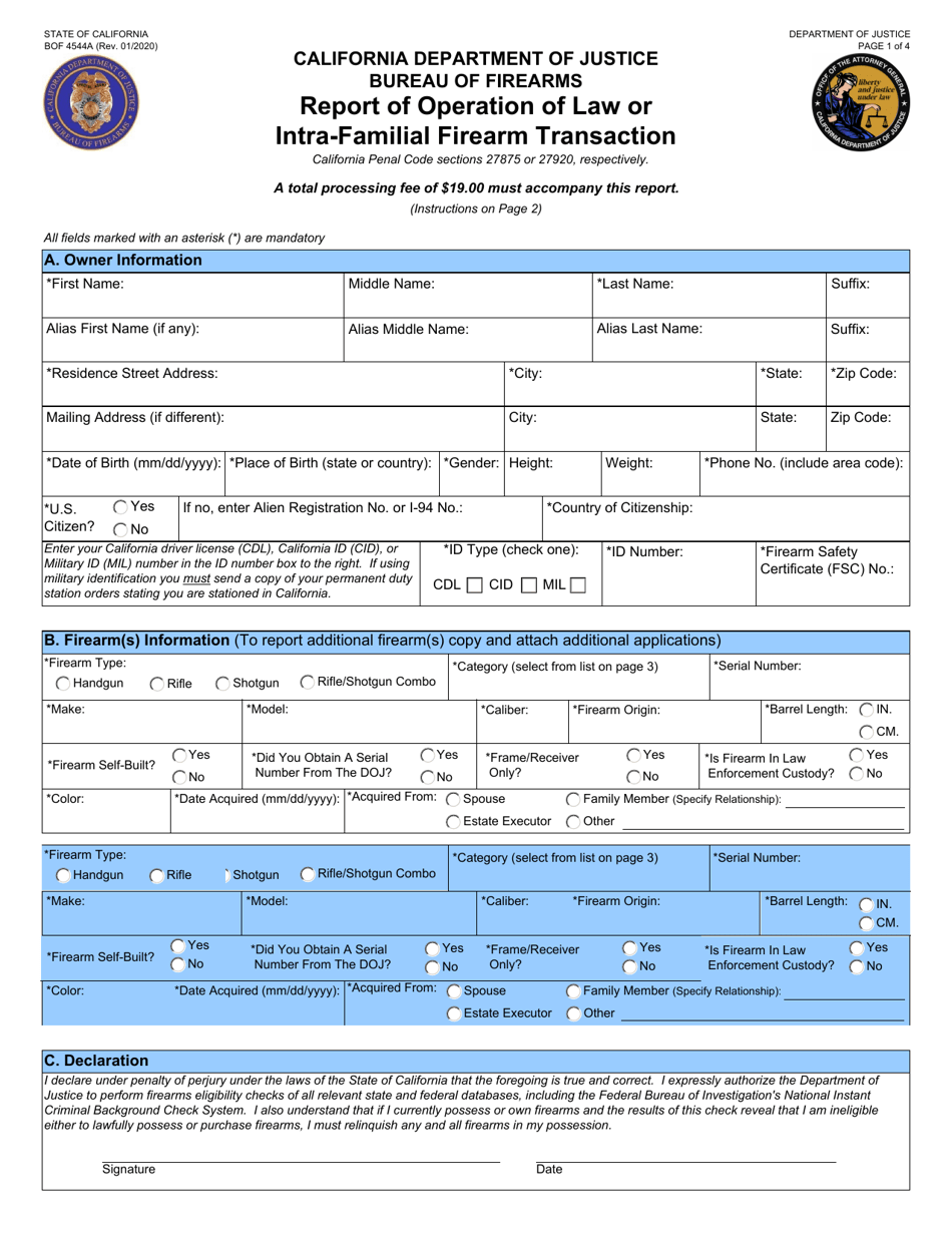 Form BOF4544A Report of Operation of Law or Intra-familial Firearm Transaction - California, Page 1