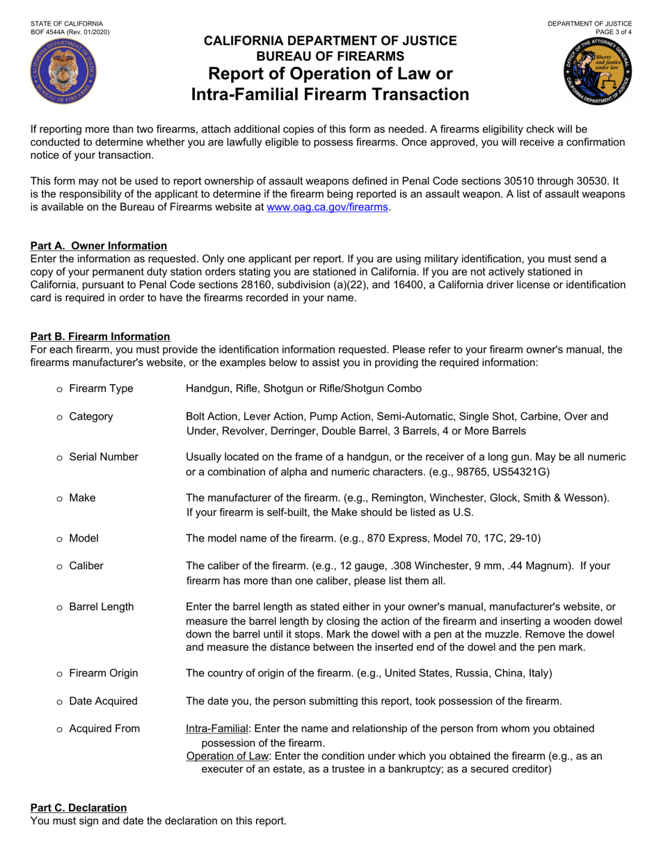 Form BOF4544A Report of Operation of Law or Intra-familial Firearm Transaction - California, Page 3