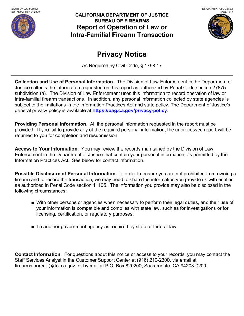 Form BOF4544A Report of Operation of Law or Intra-familial Firearm Transaction - California, Page 4