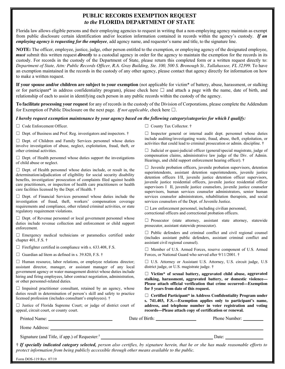 Form DOS119 Fill Out, Sign Online and Download Fillable PDF, Florida