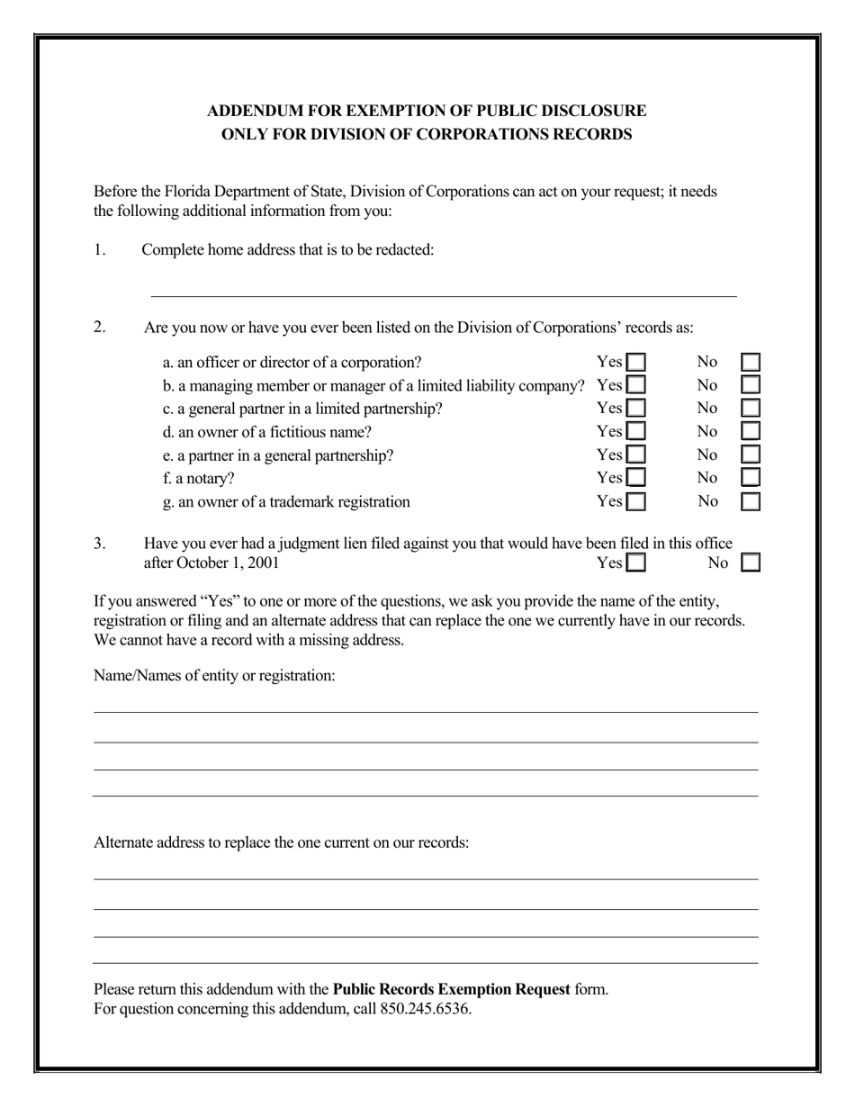 Form DOS-119 Public Records Exemption Form - Florida, Page 2