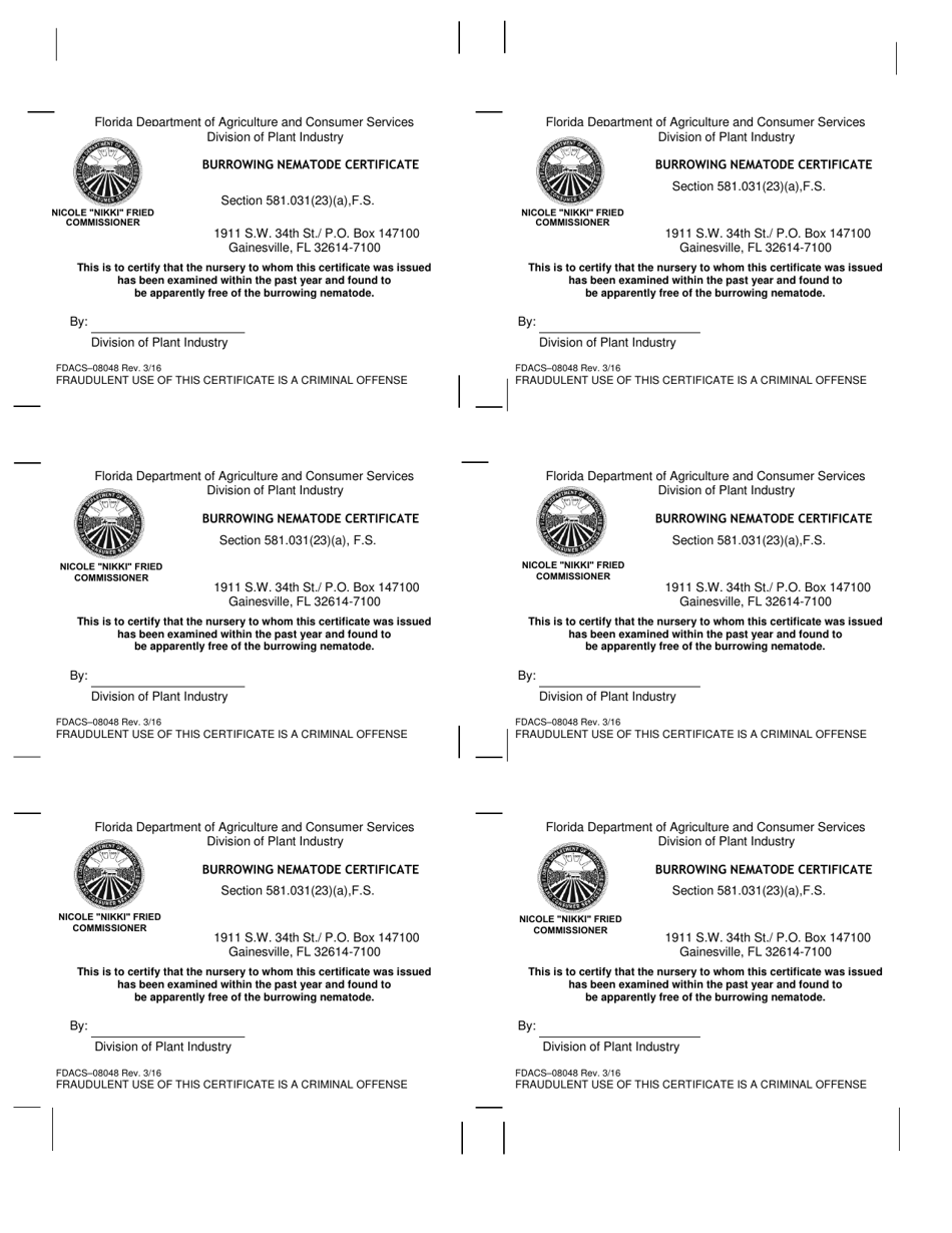 Form FDACS-08048 Burrowing Nematode Certificate - Florida, Page 1