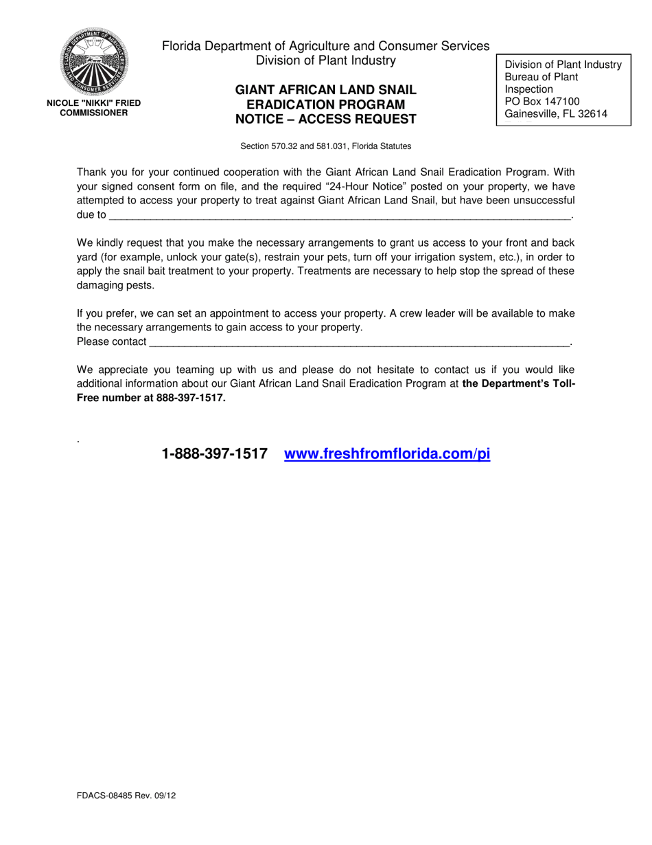 Form FDACS-08485 Giant African Land Snail Eradication Program Notice - Access Request - Florida, Page 1