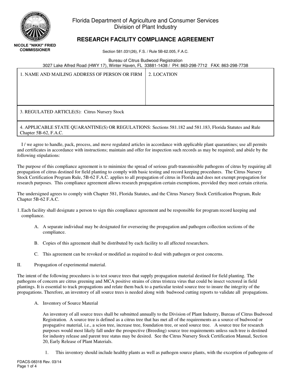 Form FDACS-08318 Research Facility Compliance Agreement - Florida, Page 1
