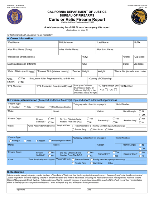 Form BOF4100A Curio or Relic Firearm Report - California