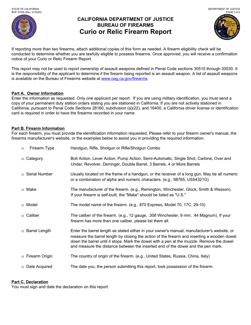 Form BOF4100A Curio or Relic Firearm Report - California, Page 3