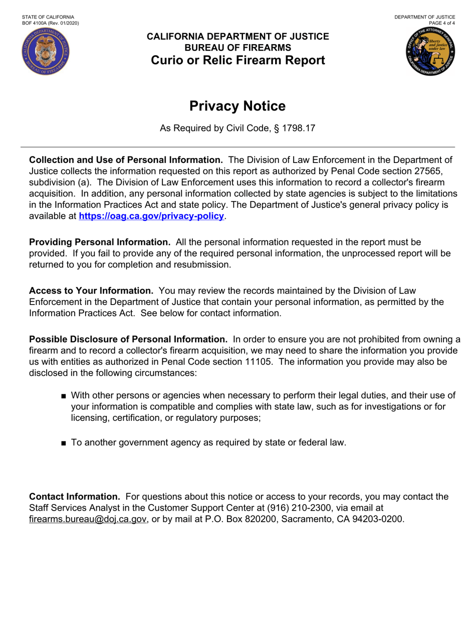 Form BOF4100A Curio or Relic Firearm Report - California, Page 4