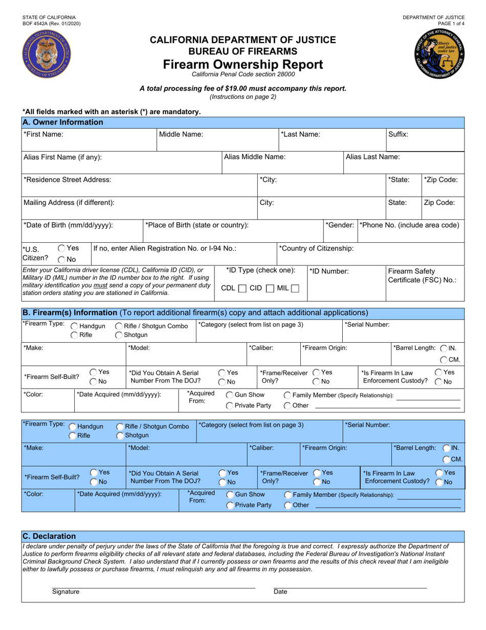 Form BOF4542A Firearm Ownership Report - California, Page 1