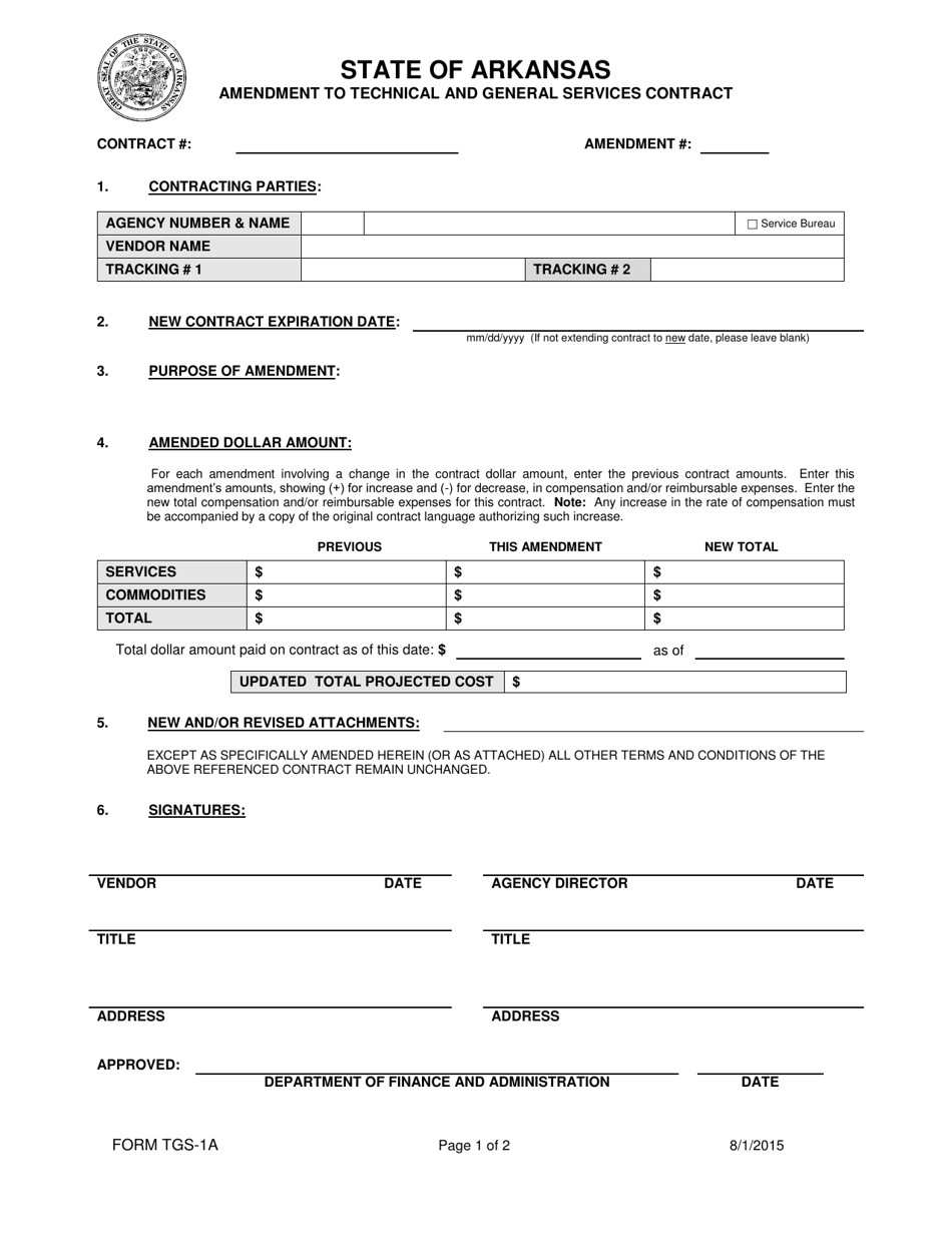 Form TGS-1A Amendment to Technical and General Services Contract - Arkansas, Page 1
