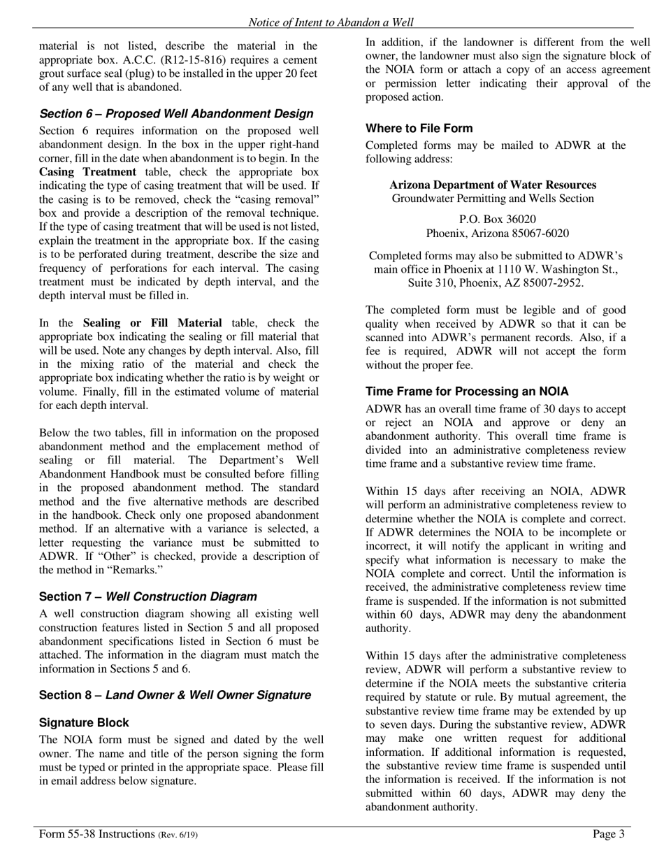 Instructions for Form DWR55-38 Notice of Intention to Abandon a Well - Arizona, Page 3
