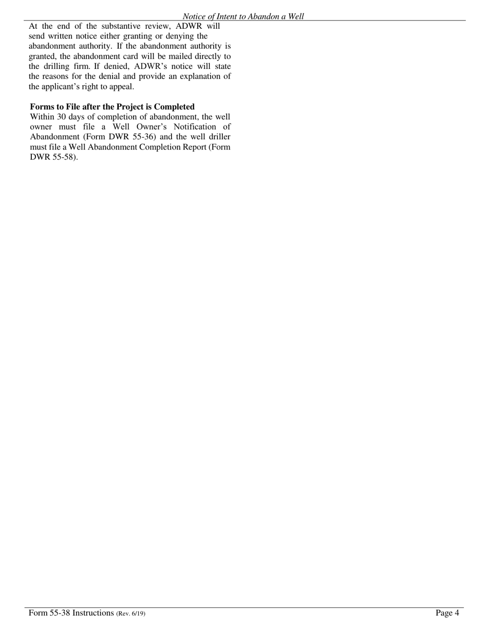 Instructions for Form DWR55-38 Notice of Intention to Abandon a Well - Arizona, Page 4