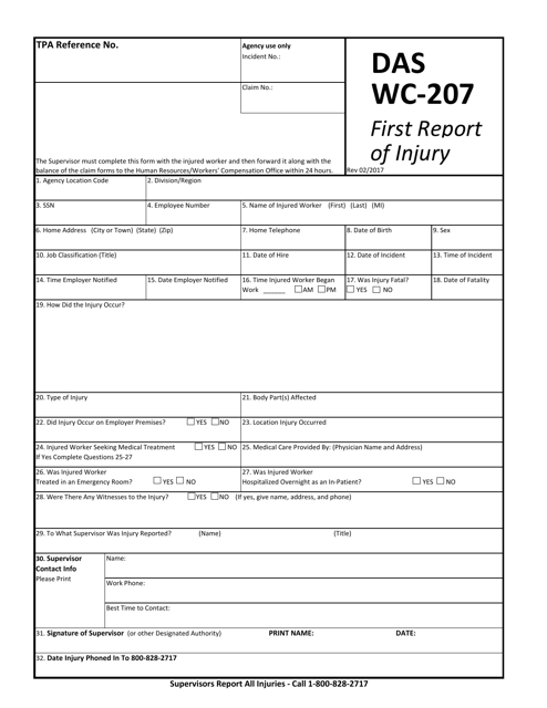 Form DAS WC-207 First Report of Injury - Connecticut