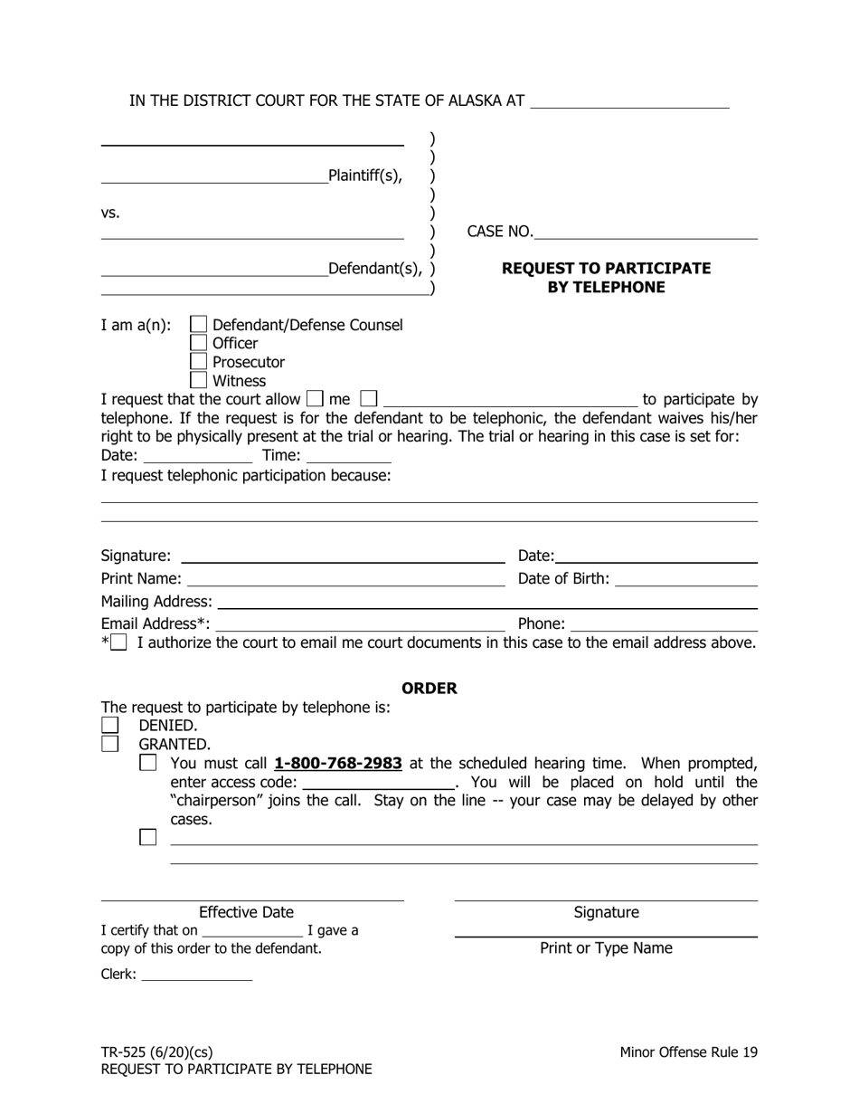 Form TR-525 Request to Participate by Telephone - Alaska, Page 1