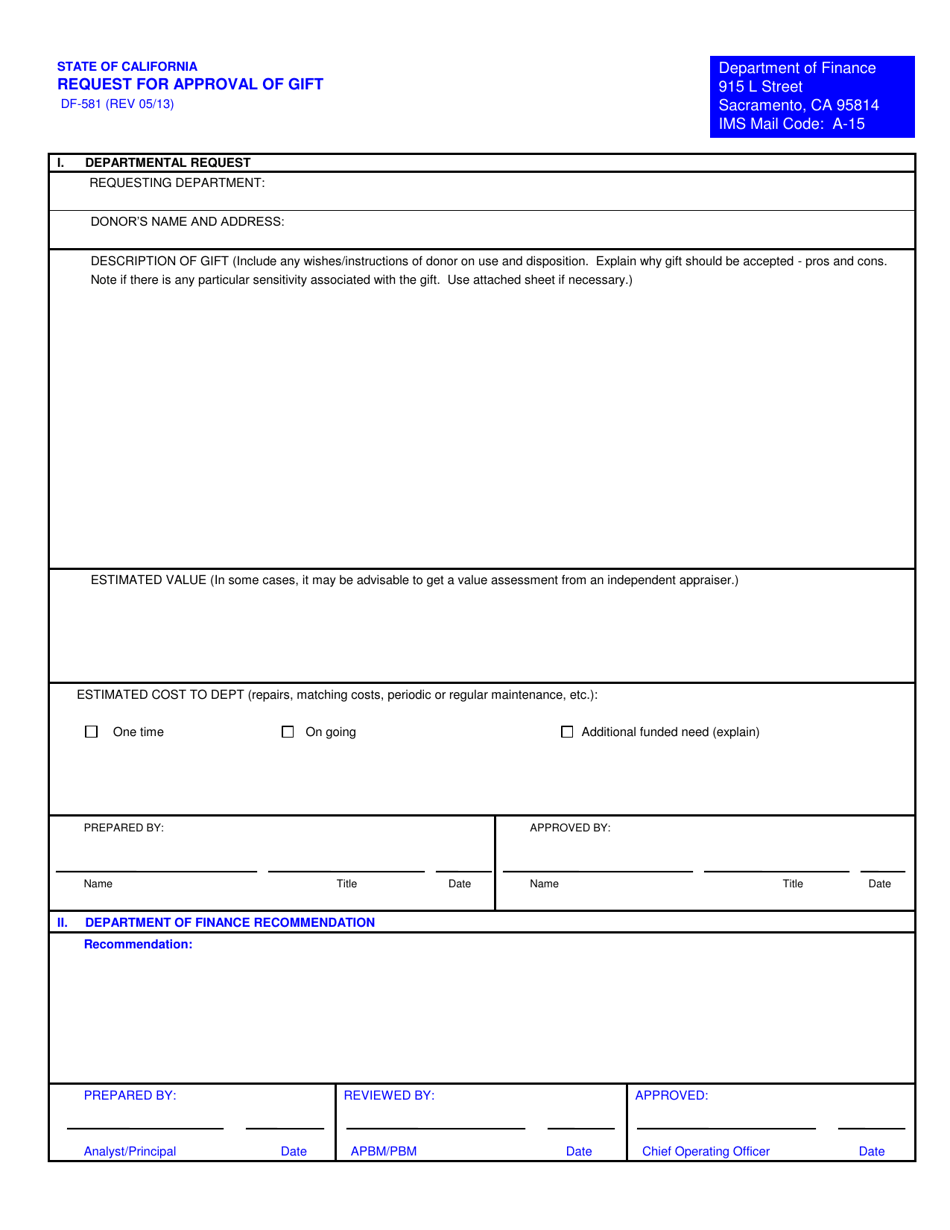 Form DF-581 Request for Approval of Gift - California, Page 1