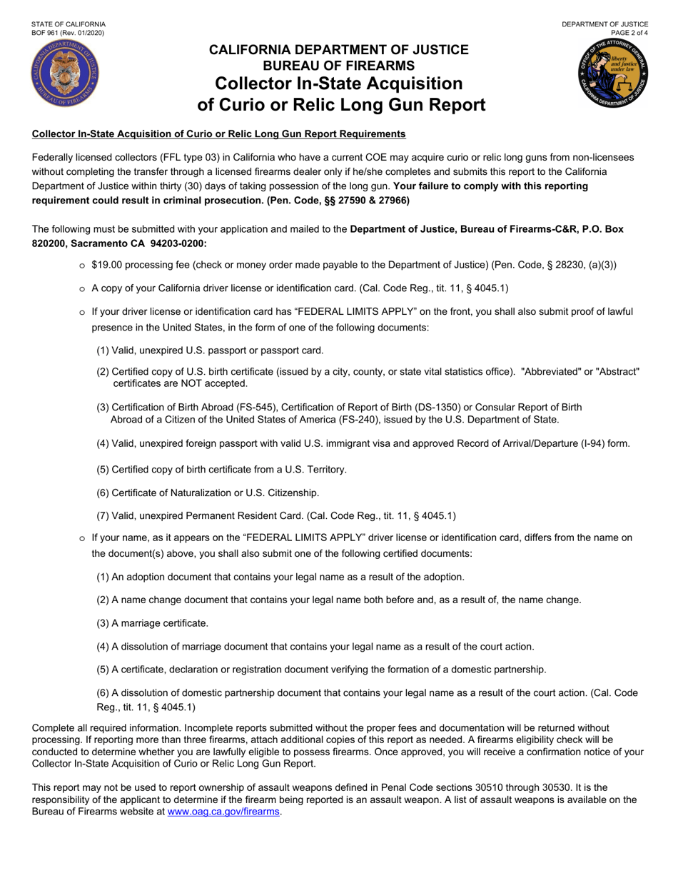 Form BOF961 Collector in-State Acquisition of Curio or Relic Long Gun Report - California, Page 2