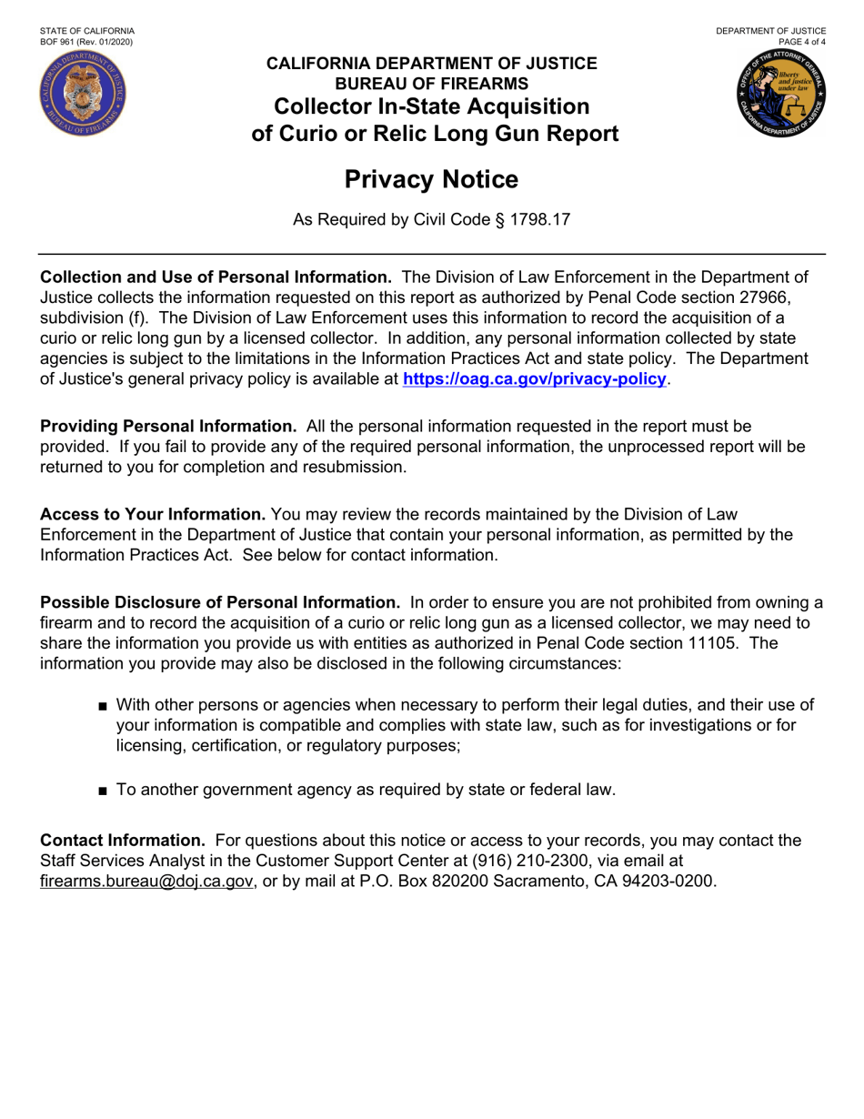 Form BOF961 Collector in-State Acquisition of Curio or Relic Long Gun Report - California, Page 4