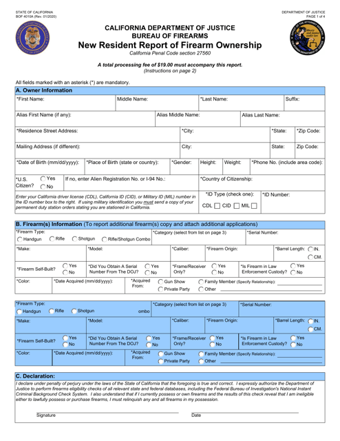 Form BOF4010A New Resident Report of Firearm Ownership - California