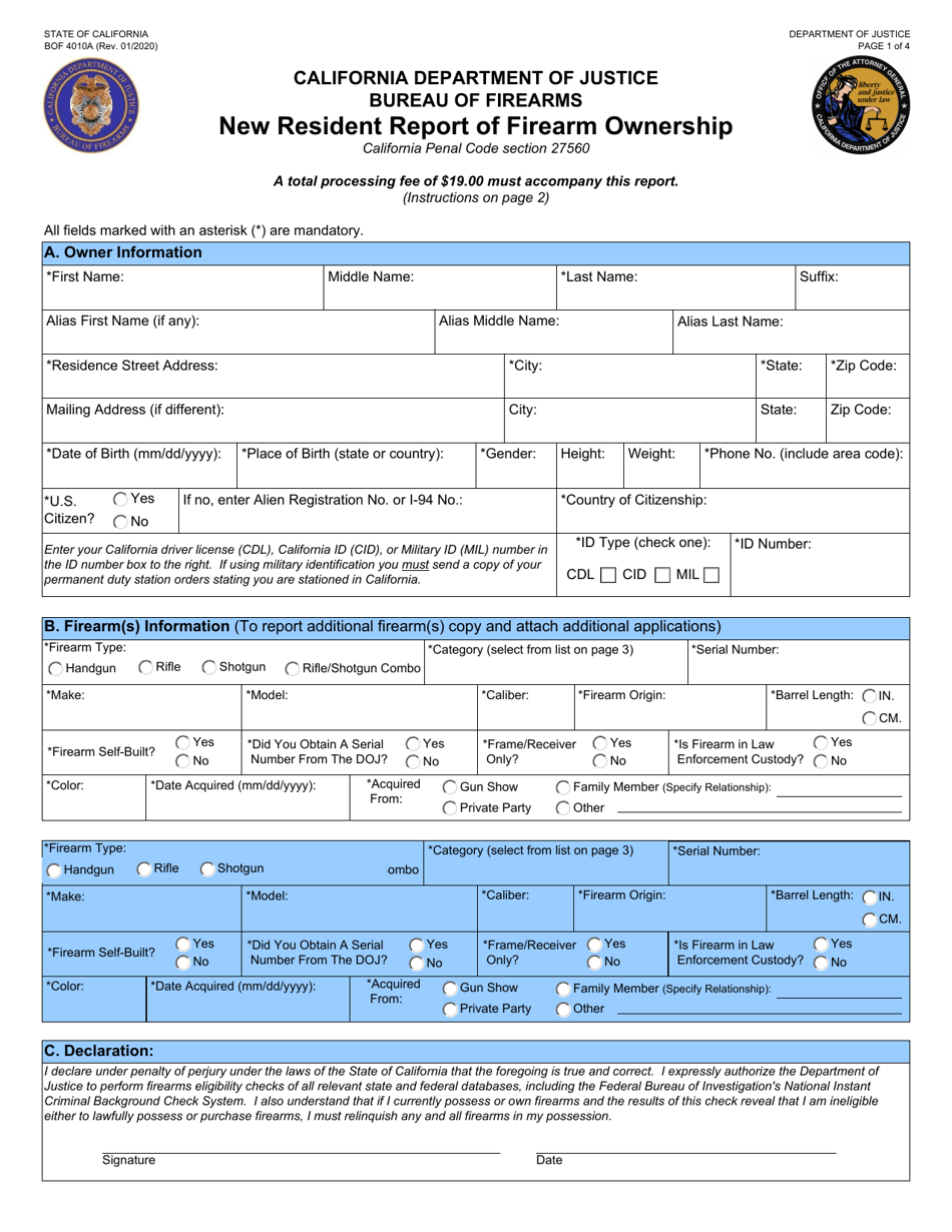 Form BOF4010A New Resident Report of Firearm Ownership - California, Page 1